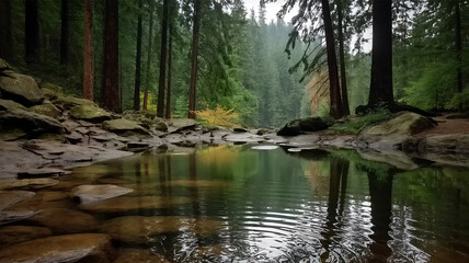 Still water reflecting trees in a forest scene with rocks and greenery around it