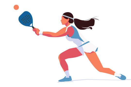 Dynamic female athlete playing padel tennis with energy and focus on a minimalist court design for sports promotion