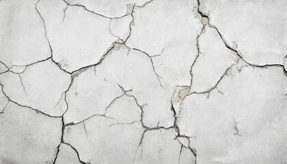 Fototapeta premium Close-up of white wall texture featuring prominent cracks, peeling paint layers. Aged surface shows signs of decay, erosion, creating rough, weathered, grunge aesthetic. Ideal for backgrounds design