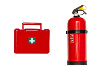 Obraz premium fire extinguisher and first aid kit isolated on white background