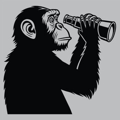 Chimpanzee Looking Through Binoculars silhouette vector design art and illustration