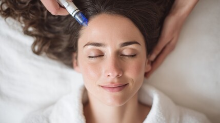 Naklejka premium Young Woman Enjoys a Relaxing Microneedling Treatment in a Calming Clinic Environment With Soothing Tones and Clear Upper Space