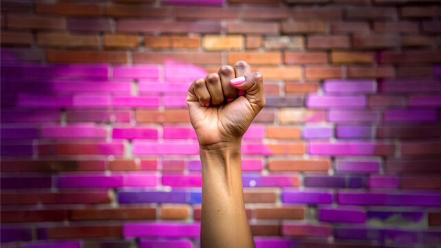 A bold feminist graffiti mural featuring a clenched fist vibrant pink and purple tones on a textured urban brick wall, symbolizing resistance and empowerment. Hand power woman