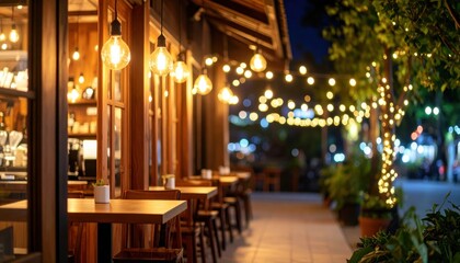 Fototapeta premium Nighttime dining experience outdoor restaurant photography urban setting warm atmosphere inviting concept