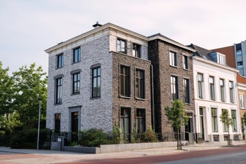 Naklejka premium In a vibrant urban neighborhood, the harmonious fusion of modern architecture and classic design can be seen basking in the warm sunlight of a beautiful afternoon