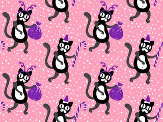 Cartoon funny cats seamless Christmas pattern for wrapping paper and kids clothes print and festive packaging