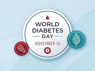 World Diabetes Day November 14 circular graphic with medical icons and D N A symbol fourteen
