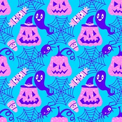 Obraz premium Autumn harvest vegetable seamless monster Halloween pumpkins pattern for wrapping paper and fabrics