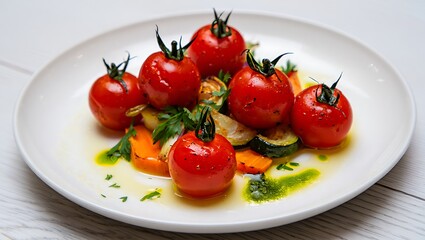 Roasted Cherry Tomatoes with Grilled Vegetables and Herb Infused Oil on a White Plate Culinary Delight