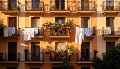 Fototapeta premium Clothes drying on balconies urban apartment complex photography warm evening light front view home life