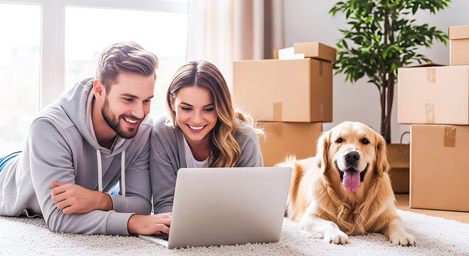 Happy couple and golden retriever dog looking at laptop surrounded by moving boxes in a new home - Powered by Adobe