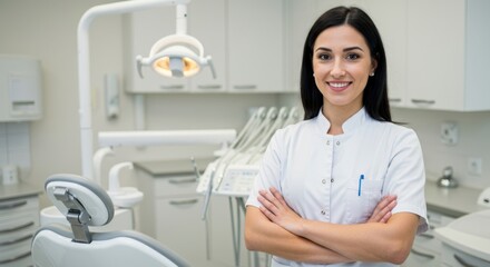 Fototapeta premium Smiling female dentist in professional attire stands confidently in modern dental clinic examining room