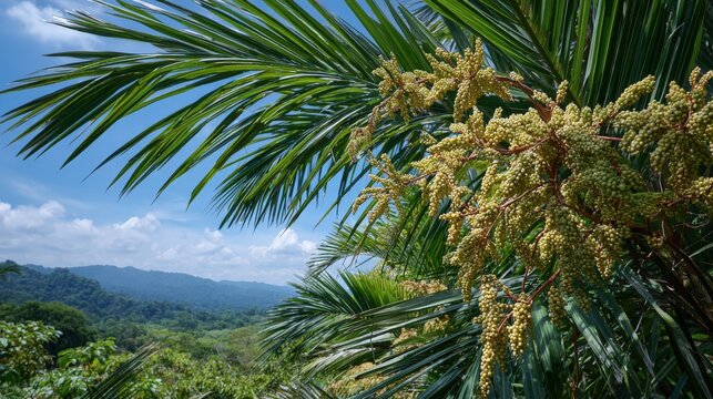 Close-up of Cohune Palm fronds and fruit with Petn rainforest backdrop in Guatemala