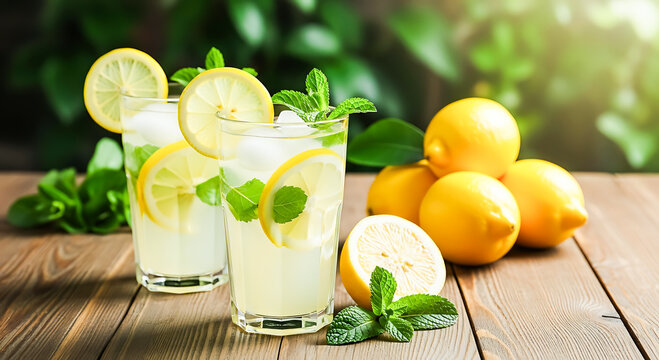 Refreshing glasses of homemade lemonade with fresh lemons and mint leaves on a rustic wooden table outdoors