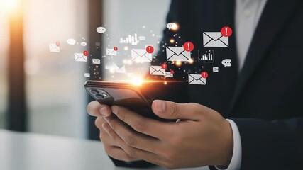 Person holds a phone surrounded by floating email icons The light is soft suggesting communication digital connection and business networking opportunities - Powered by Adobe