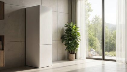 Modern white water heater unit installation in contemporary room with concrete walls, large window showing green landscape. Home appliance provides efficient domestic water heating, ensuring hot