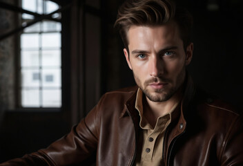 Obraz premium Handsome man with blue eyes wears brown leather jacket, tan shirt. Confident expression, styled hair, stubble enhance his attractive appearance. This portrait captures modern male style, fashion.