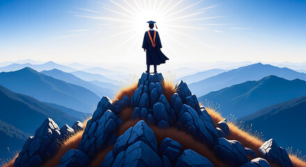 A lone graduate in a cap and gown stands silhouetted on a rocky mountain peak, facing the sun and a vast landscape of blue mountains