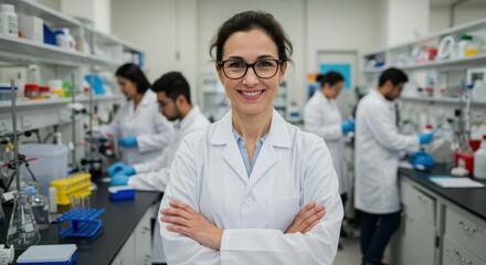 Obraz premium Confident female scientist leads team in modern research laboratory focused on innovation and discovery
