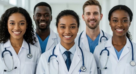Diverse group of smiling medical professionals wearing white coats and stethoscopes in a bright indoor setting