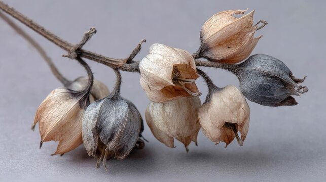 Cluster of henbane seed pods on light gray background creating ultra-minimalist aesthetic