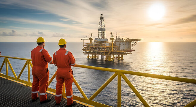Two offshore workers in orange overalls and hard hats stand on a platform looking at an oil rig at sunset