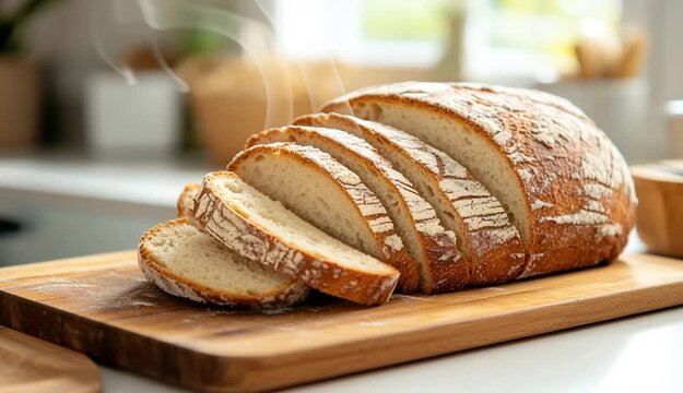 Freshly baked sliced bread displayed on a wooden cutting board in a cozy kitchen environment
