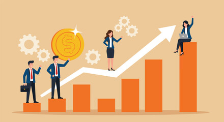 Business financial growth chart with rising bar graph, teamwork collaboration, corporate success, leadership innovation, increasing profits, business strategy, digital marketing, teamwork development