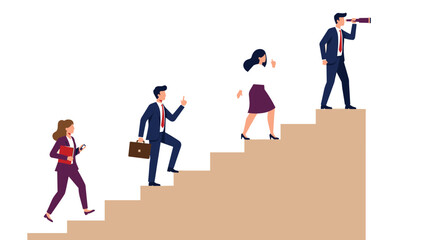 Business people climbing stairs, professional team ascending, leadership concept, career growth, teamwork and success, corporate ladder, office workers, flat vector illustration, cad drawing flat 