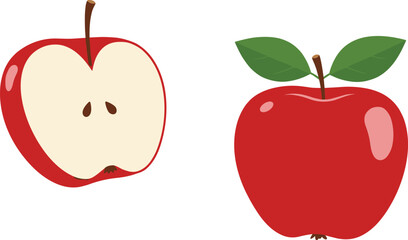 Red apple whole and half, fresh fruit vector illustration, juicy apple with seeds, green leaves, healthy snack, natural food, cad drawing flat vector illustration, fruit design