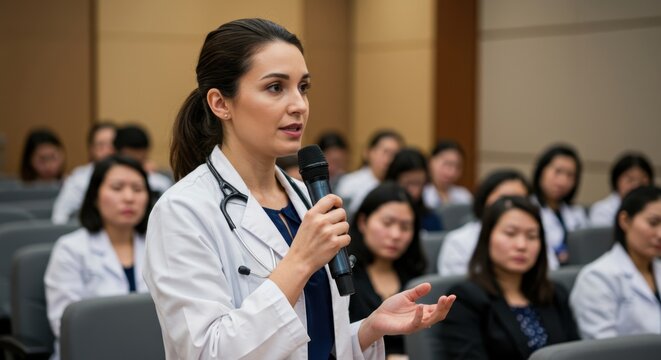 Female doctor asks question during medical conference presentation with audience of healthcare professionals