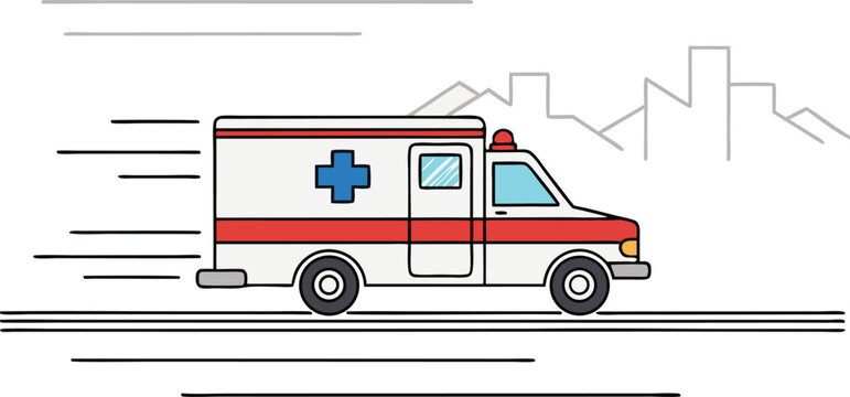Ambulance rushing towards emergency simplified illustration on white background with city silhouette