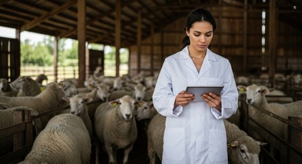 Veterinarian in white lab coat meticulously examining tablet amidst a flock of sheep inside a rustic barn