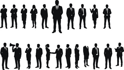 Group of business professionals silhouettes in formal attire, standing and interacting, corporate teamwork concept, office staff vector illustration, leadership, communication, flat design art