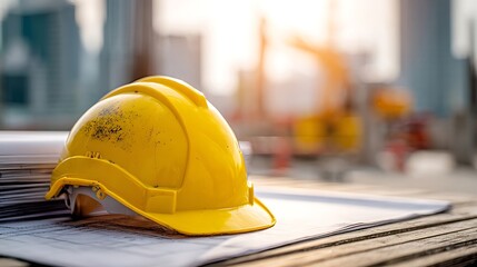 Awesome photo of close up, Yellow helmet and blueprint at a construction site with a sunny background helmet.
