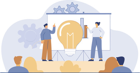 Business team presentation showing innovative ideas and strategies with projectors and graphs in modern style