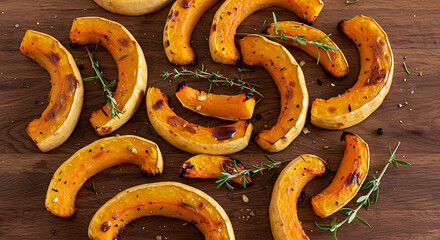 Caramelized roasted butternut squash slices with fresh herbs on a wooden board.