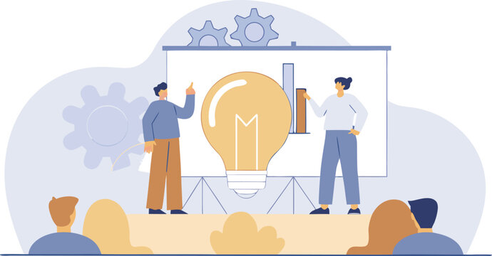 Business team presentation showing innovative ideas and strategies with projectors and graphs in modern style