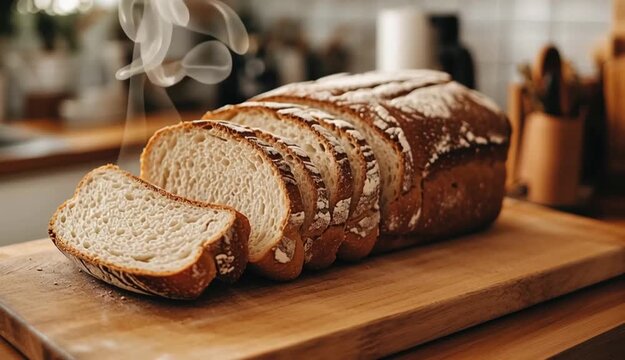 Freshly baked sliced bread displayed on a wooden cutting board in a cozy kitchen environment
