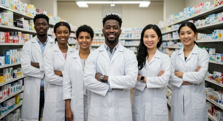Fototapeta premium Diverse team of smiling pharmacists in white lab coats standing together in a well stocked pharmacy aisle