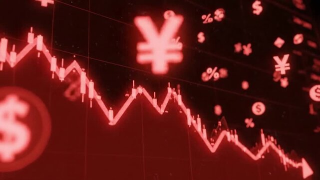 Abstract financial chart showing a stock market crash and economic crisis with falling red graph and currency symbols