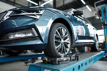 Car on a wheel alignment lift in auto service. Diagnosis of the chassis of the car raised at the elevator. toning