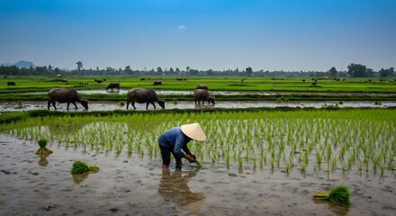 Obraz premium A farmer in a conical hat planting rice in a flooded paddy field with water buffaloes