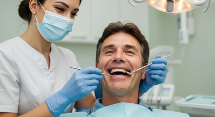 Smiling patient receives dental examination from masked dentist using modern dental tools in a brightly lit clinic