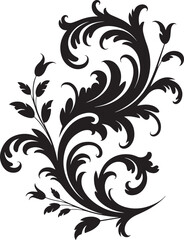 Ornate black floral scrollwork with swirling leaves and buds baroque