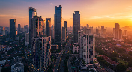 Obraz premium Golden Hour Cityscape Modern Architecture at Sunset in Jakarta