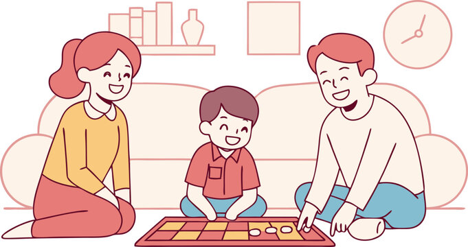 Happy family playing a board game at home enjoying quality time together in a cozy living room setting cheerful and friendly atmosphere illustrated flat design.