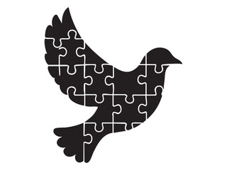 Black silhouette puzzle of dove in flight, assembled pieces, isolated on white background. concept of peace, freedom, unity, bird, puzzle game, educational toy, design element