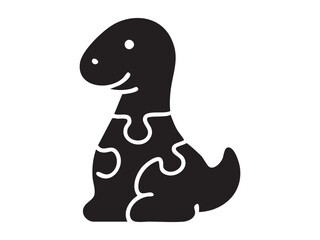Fototapeta premium Black silhouette of toy dinosaur puzzle piece, isolated on white background. concept of toy, fun activity, prehistoric creature, educational play, icon, logo, design element