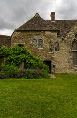 Stokesay castle is 13th Century fortified manor house in Shropshire England seen on a cloudy day